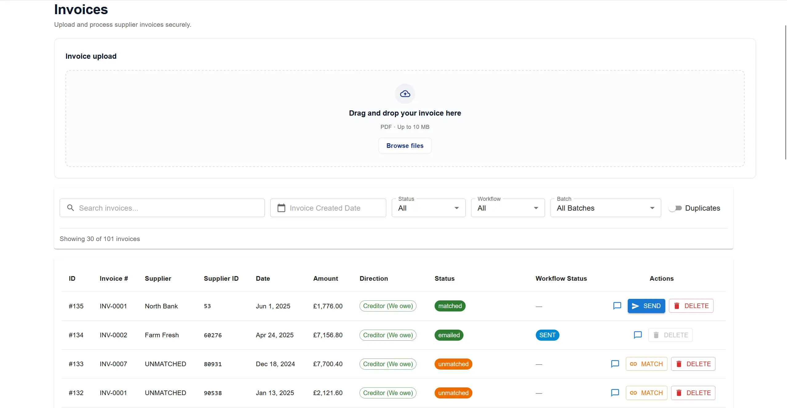 Ellisdata invoice workflow: upload area, extracted invoice details, matching status and collaboration actions.